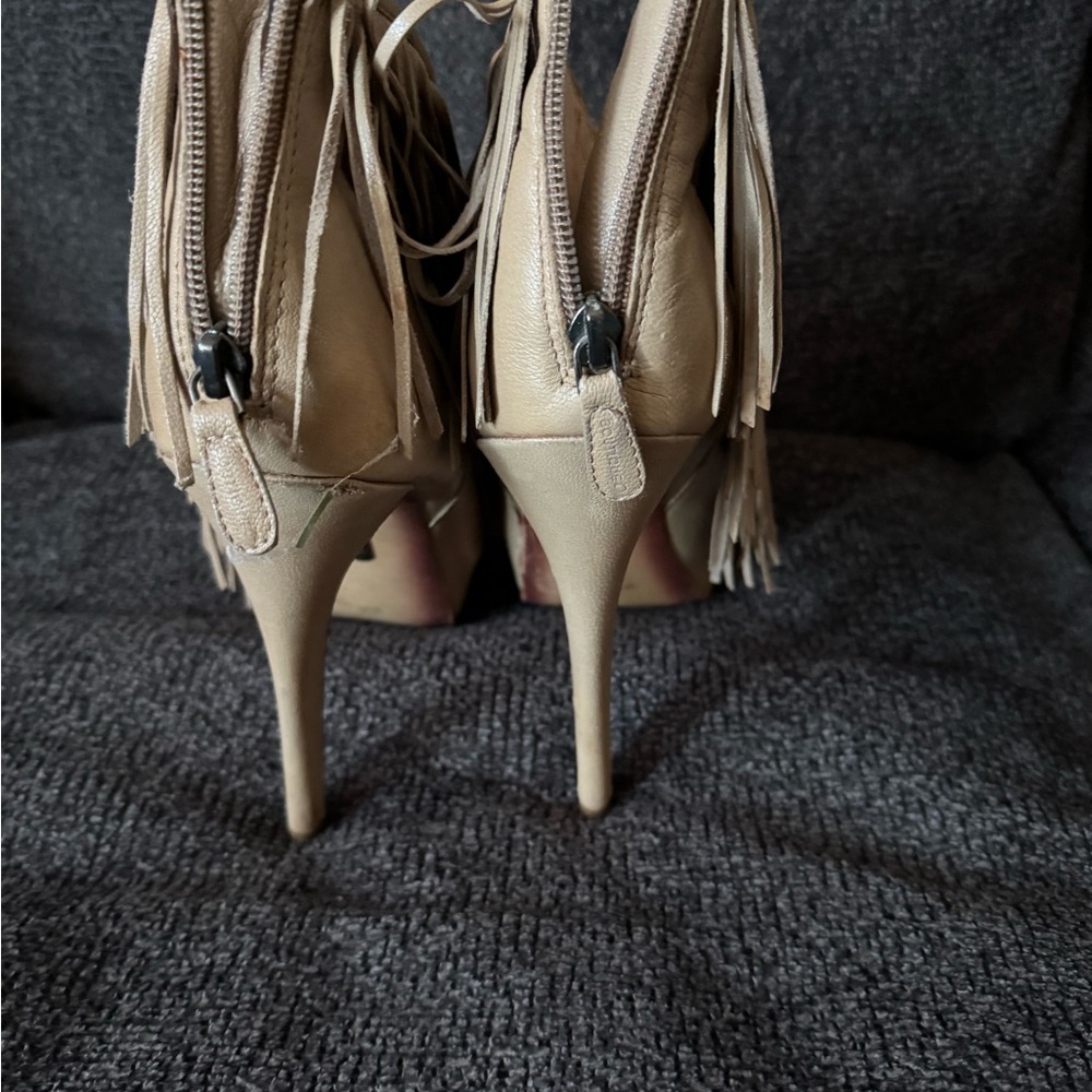 Boutique 9 Tan Heels with Fringe Detailing and Pointed Toe